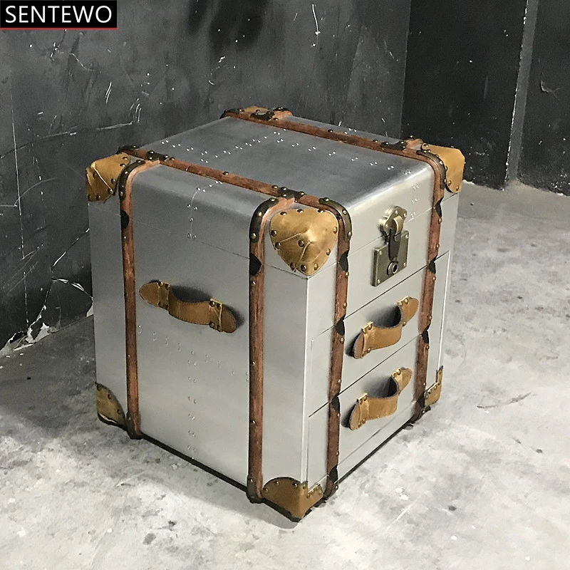 SENTEWO Industrial Vintage Aviation Rectangle Cabinet Cube Hand Wheel Brushed Retro Night Coffee Table Vintage Coffee Table