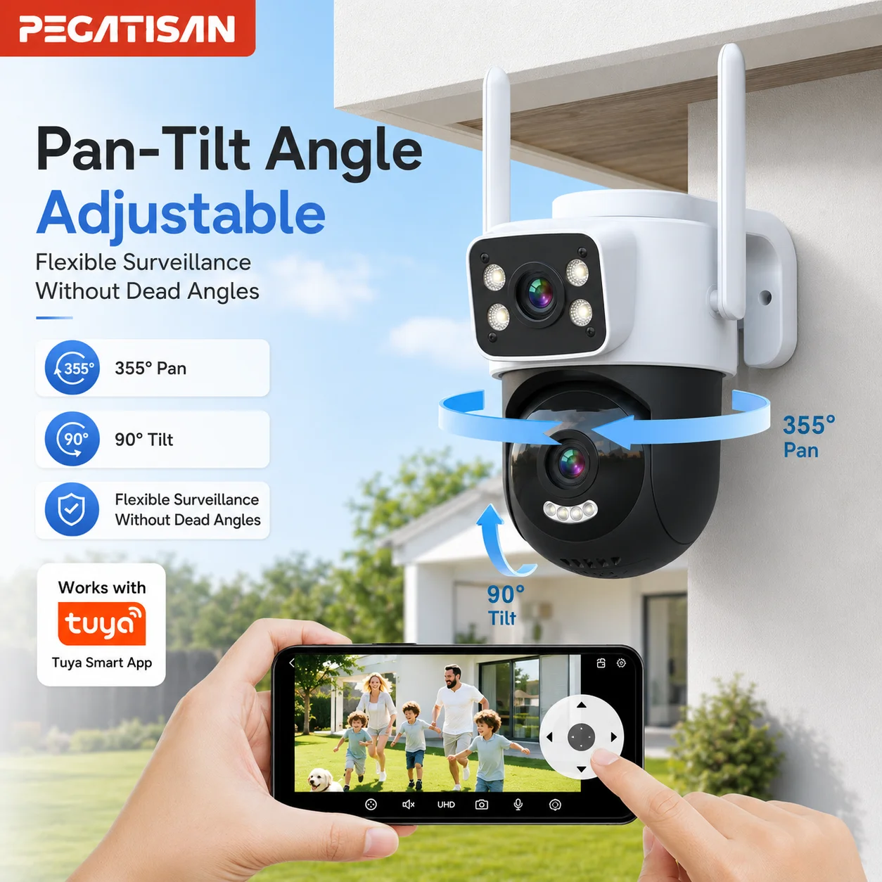 Câmera PTZ Externa PEGATISAN 4K Tuya Wifi com Rastreamento Automático por IA, 8MP HD Wi-Fi IP CCTV, Tela Dupla, Áudio Bidirecional, Suporte ONVIF