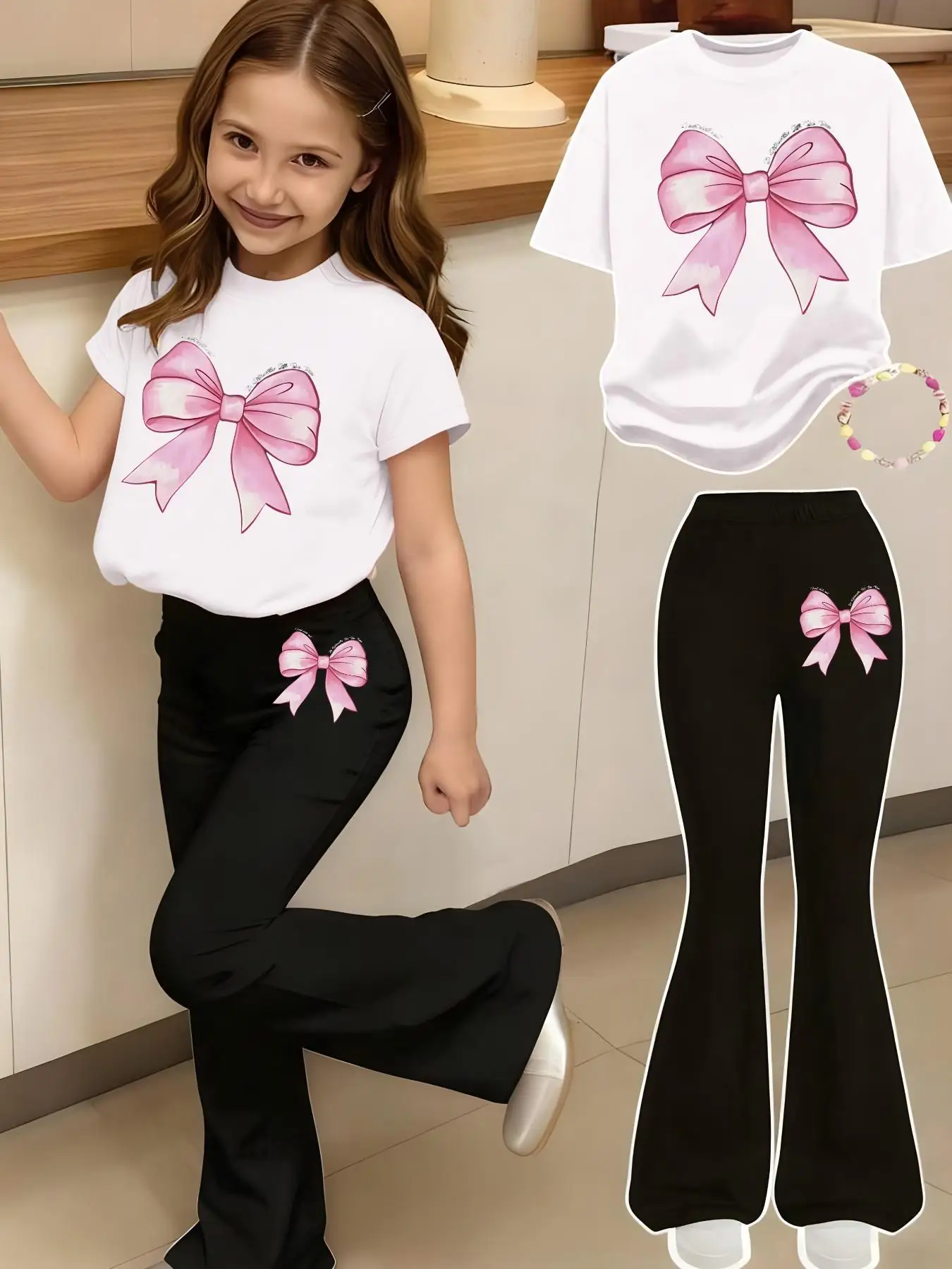 Sommerliches Freizeitoutfit für Mädchen: Kinder-Set mit Schleifenmuster und kurzen Ärmeln, reguläres Kurzarm-Oberteil + schwarze Schlaghose, zweiteiliges Set, geeignet für Mädchen im Alter von 4-12 Jahren, vielseitige Kleidung für Zuhause und Ausflüge – Detail 2