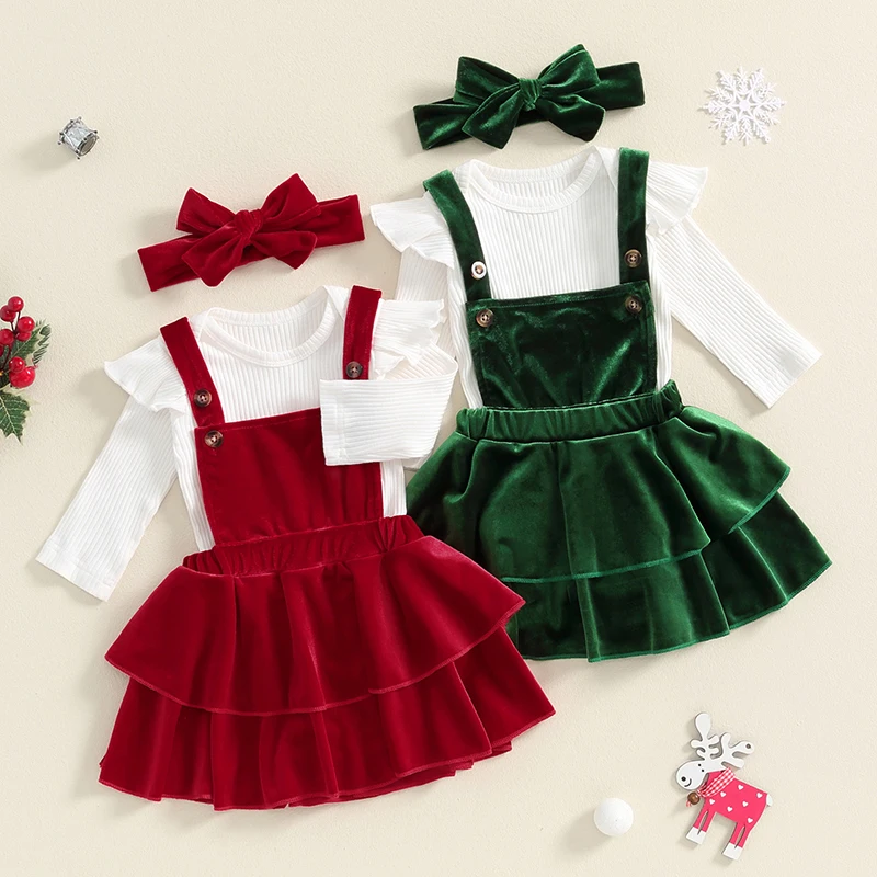 

2024-06-04 Lioraitiin Baby Girl Christmas Outfits Solid Color Ribbed Knit Romper Velvet Ruffles Suspender Skirt Headband Set