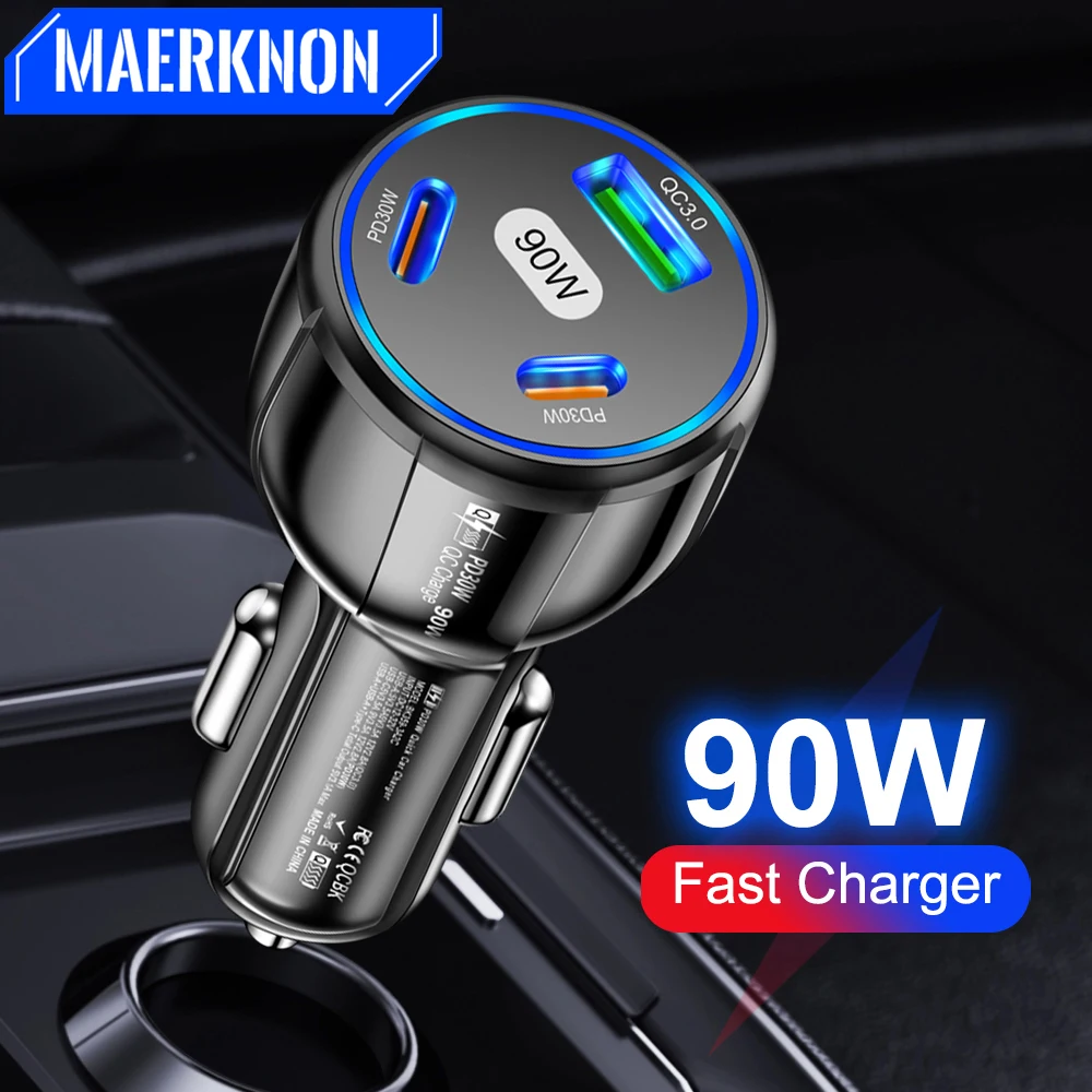 

90W Car Charger USB Type C PD Car Phone Adapter Quick Charge 3.0 For iPhone 14 Pro Huawei Xiaomi Samsung S22 Ultra Fast Charging