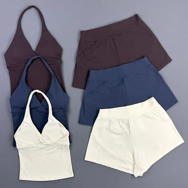 2 Piece Origin Training Shorts Set Women Halter V‑Neck Yoga Top High Stretch Breathable Bicycle Shorts Gym Running Workout Suit
