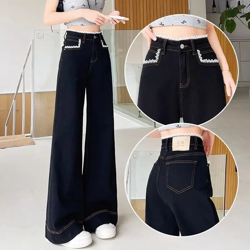 Czarne dżinsy z szerokimi nogawkami i koronkowym wykończeniem, damskie, letni trend, cienkie, szerokie, duży rozmiar, uniwersalne, szerokie spodnie z wysokim stanem, proste dżinsy.