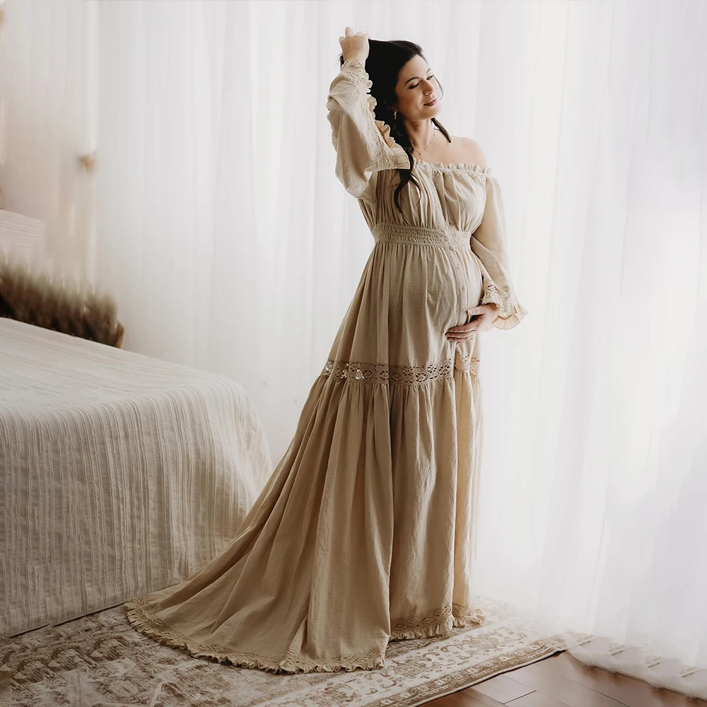 Boho Vintage Maternity Dresses Photography,Off-Shoulder Flare Sleeve Pregnancy Shooting Maxi Dress Cotton Gowns For Baby Shower