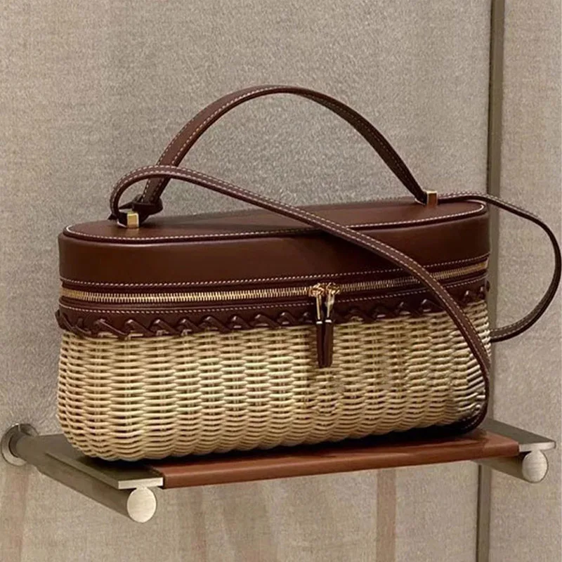

Fashion New Hand Woven Straw Mini Tote Bag Women PU Leather Luxury Picnic Basket Shoulder Korean Sle Lunch Box Crossbody Bag