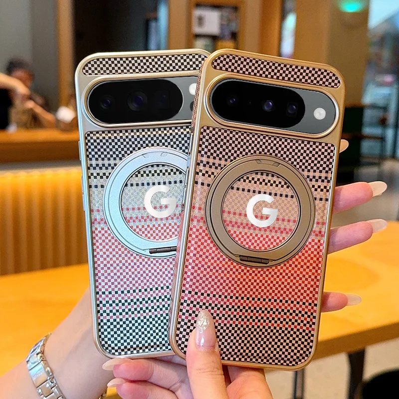 

Деловой магнитный чехол с текстурой углеродного волокна для Google Pixel 10 Pro XL 9 9A 360 ° Вращающийся металлический держатель, защитная крышка от падения