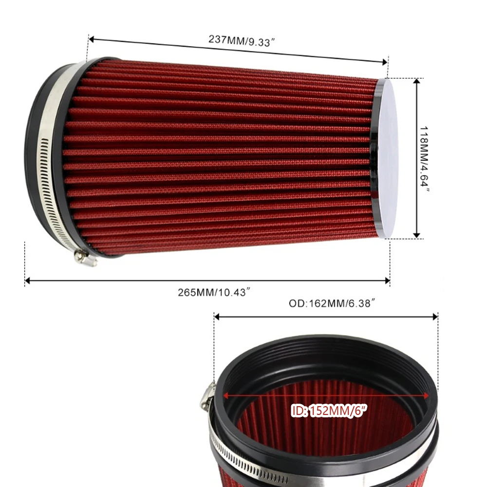 Intake Air Filter 6 Inch 155mm 265mm Short Long High Flow Racing Performance Cone air filter for KN Car Accessories