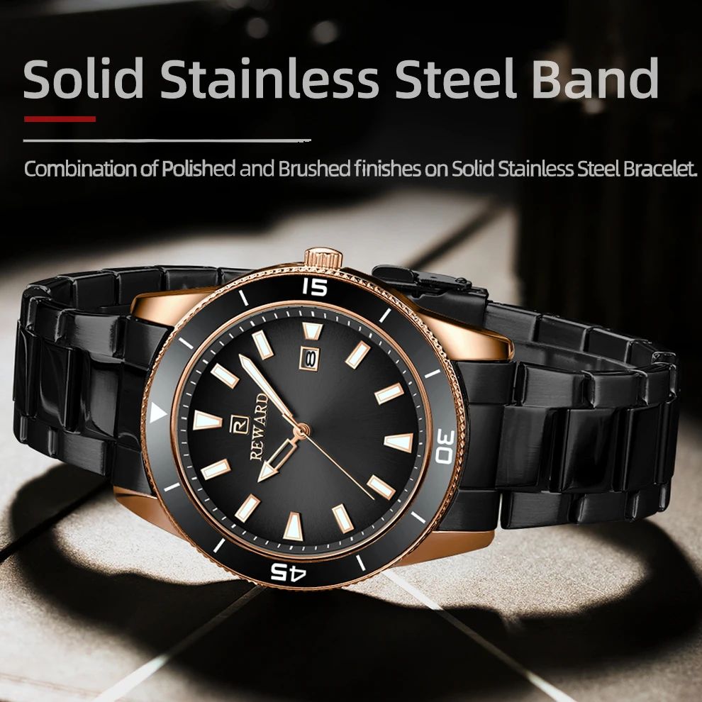 REWARD Rose Gold Black Quartz Watches for Men Stainless steel Waterproof Watch Top Brand Luxury Wristwatch Clock Man