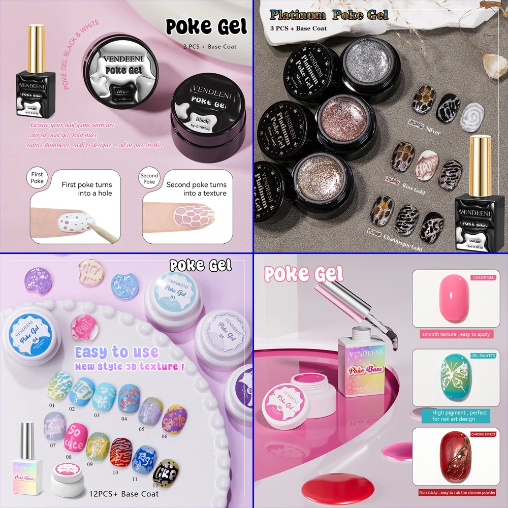 

Vendeeni White Black Gold Poke Poke Gel Nail Polish Wave Texture Lace Hole Painting Nail Varnish With Base Coat TPO/HEMA Free