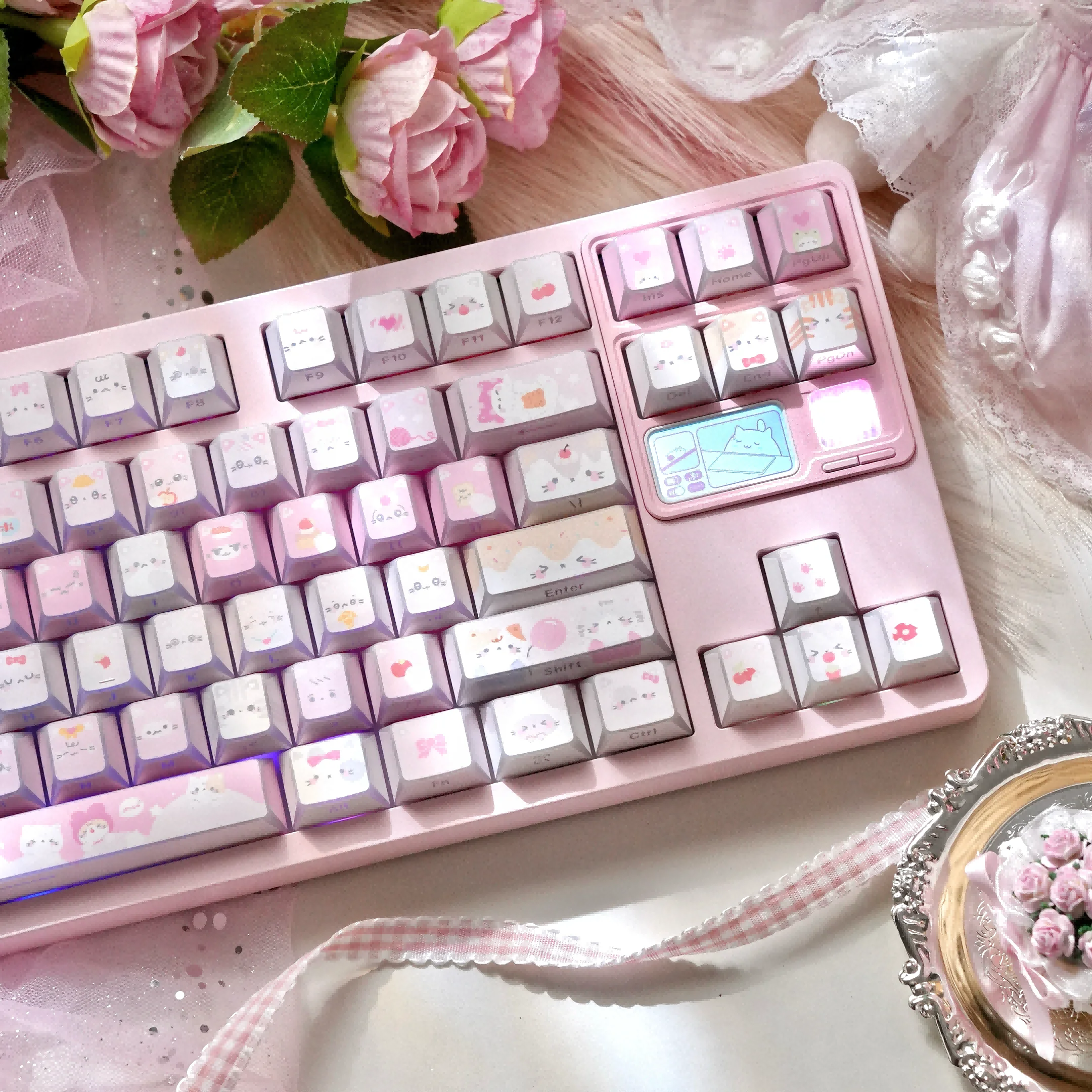 MAIMOOO Pink Cat Cherry PBT Fold Shadow Transparent Dual Color Heat Sublimation Keycaps Core Cute Mechanical Keyboard Keycap