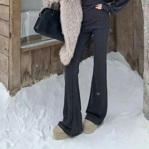 

mat High Waist Loose Fit Warm Ginger Velvet Slimming Bootcut Pants Casual Long Trousers Tight Jeans for Young Women