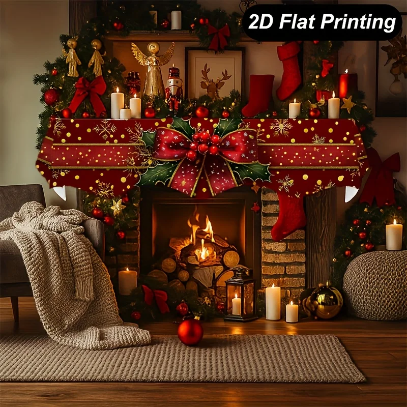 VIKAMA Christmas Fireplace Mantel Scarf Bow Holly Berry Mantel Topper Xmas Fireplace Shelf Cover Indoor Home Party Decoration