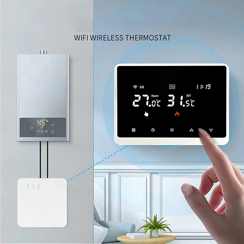 

White WIFI Smart Wireless Thermostat AC85-250V, 50/60Hz Temperature Setting 5-70°C Voice/App Mobile-Controlled Smart Thermostat