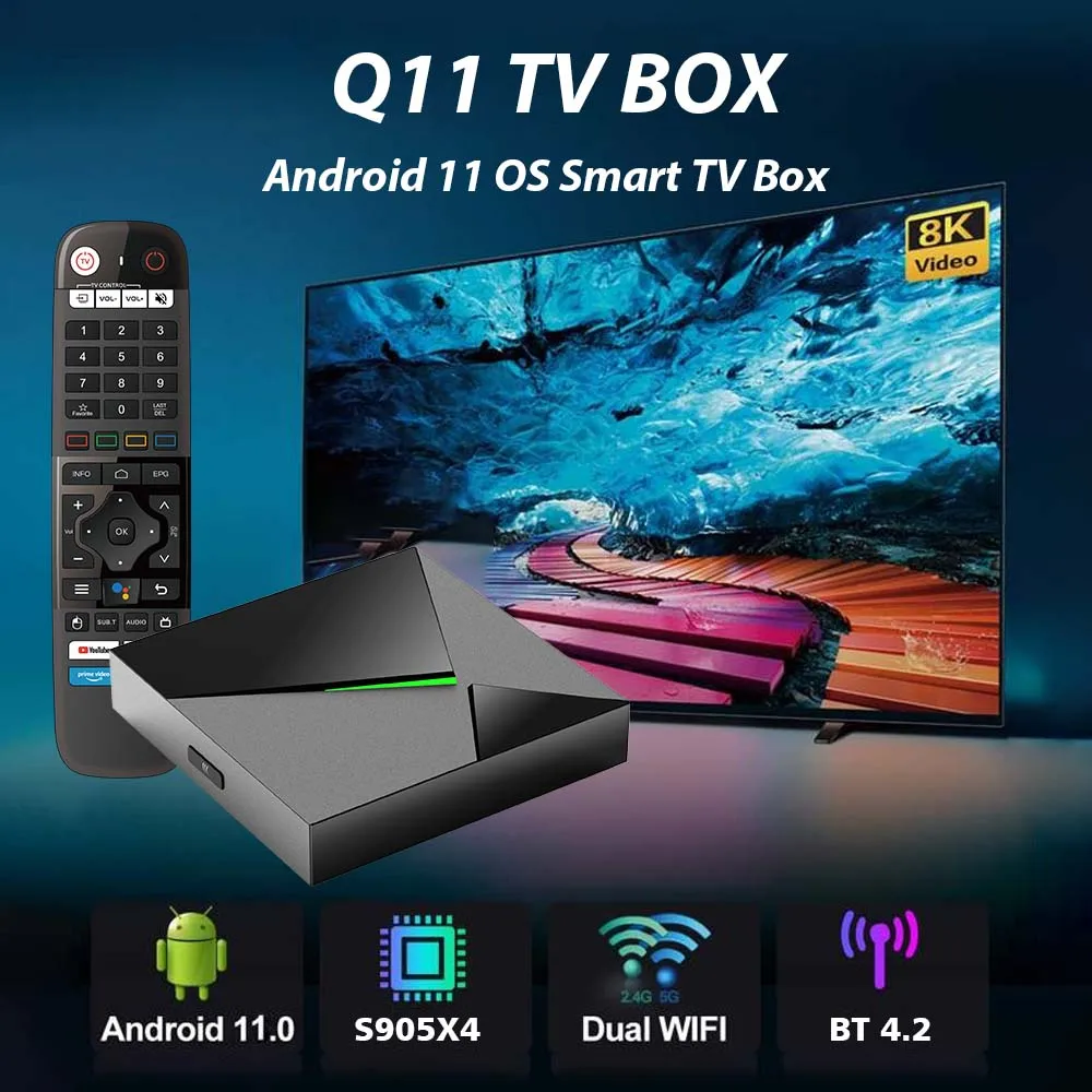 2024 Boxed Q11 Amlogic S905X4 Smart TV Box Android 11 4gb 32GB Wifi BT4.2 Voice AV1 Media Player TVBOX 8K 1000M Set Top Box