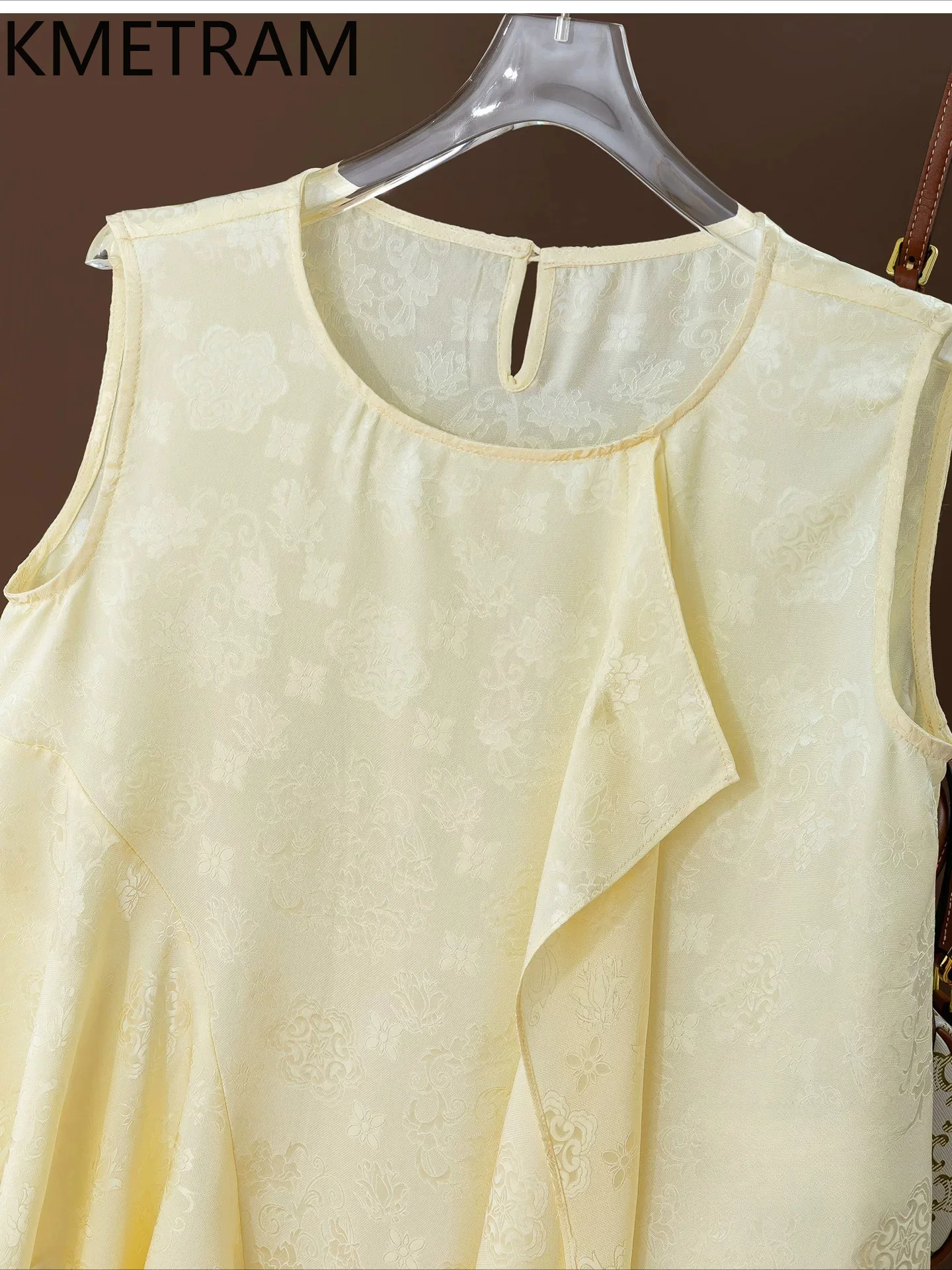 KMETRAM 100% Mulberry Silk Women's Tanks Beige Floral Jacquard Tanks Top Irregular Hem Summer Tops for Woman Clothes 2026 майка