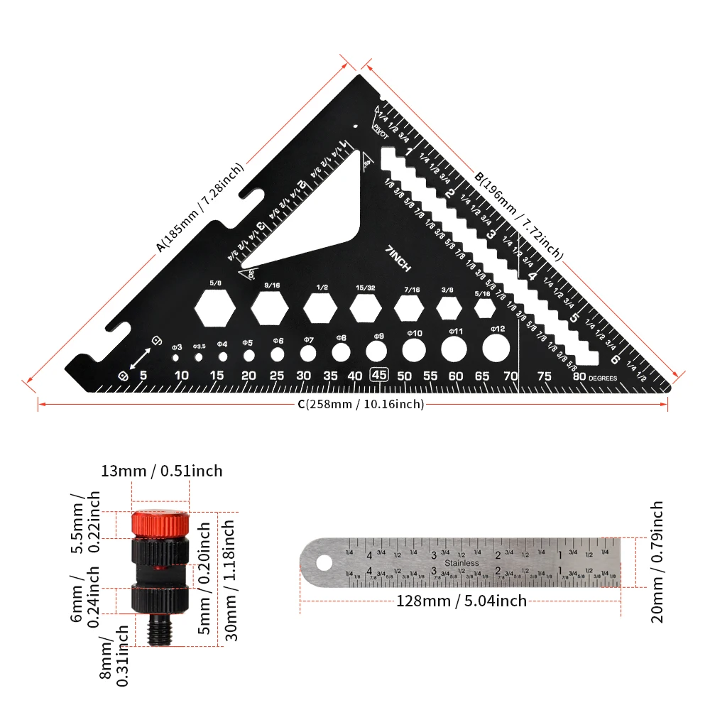 ไม้บรรทัดสามเหลี่ยมพร้อมคลิปเสริมและฐานที่ถอดออกได้