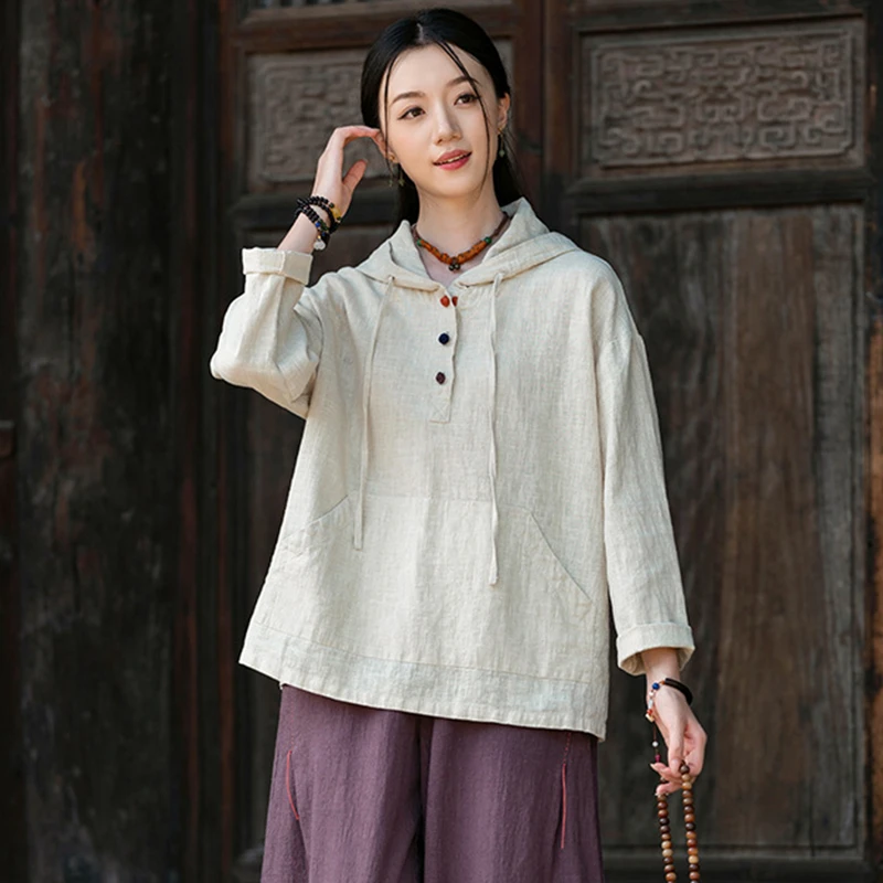 Femmes coton lin décontracté sweats à capuche nouveauté 2025 automne Style Vintage couleur unie femme à manches longues pulls à capuche M1838