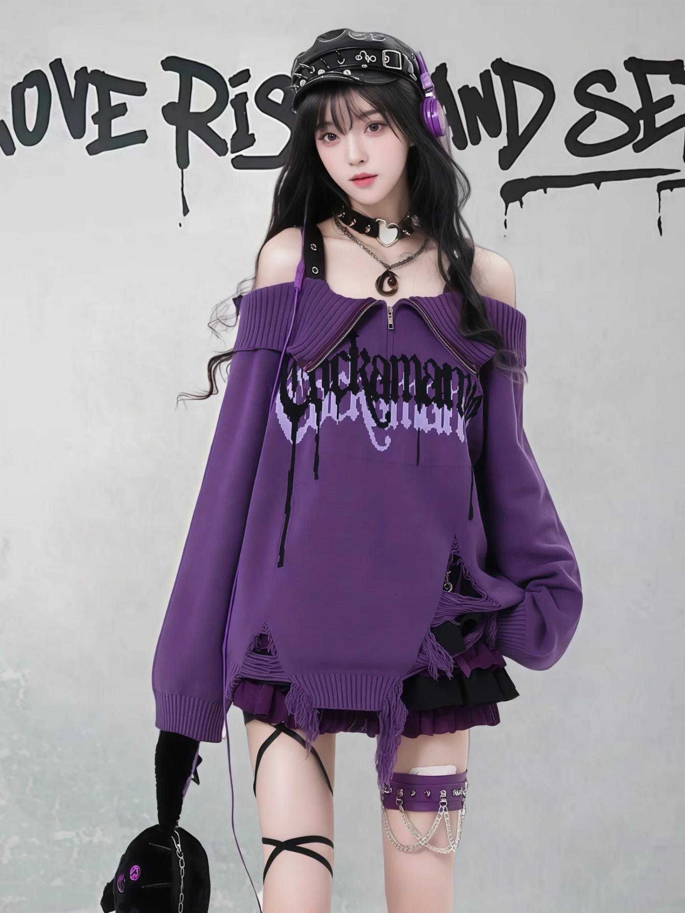 

Женский свободный вязаный свитер в готическом стиле Street Sle, с открытыми плечами, длинный рукав, фиолетовый, для осенне-зимнего сезона, в стиле Lazy Subculture