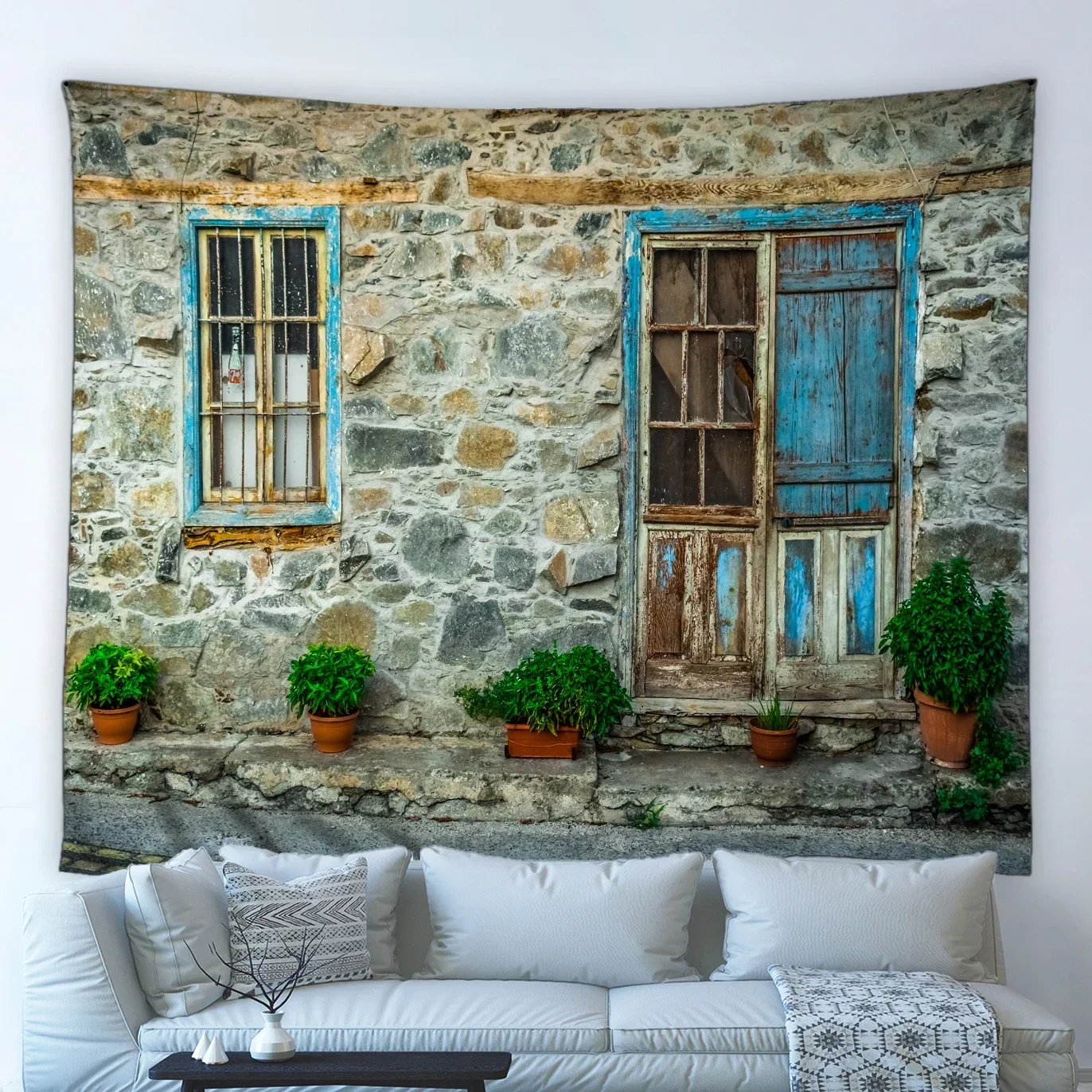 European Street View Big Tapestry Retro Flower Window Spring Flower Plants Old Wooden Door Home Decoration Wall Hanging Blanket