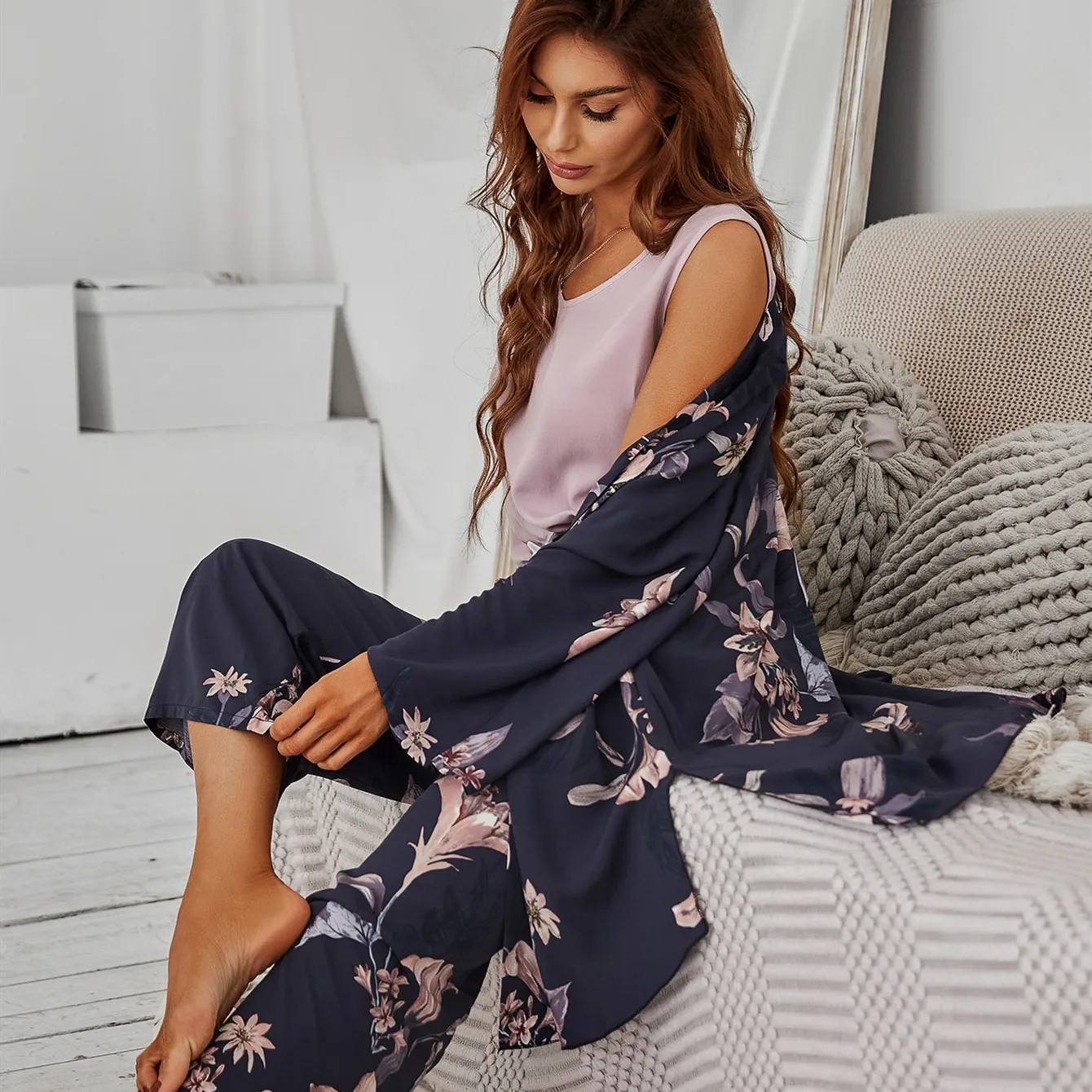 Hot Sale 3 Pcs Women Pajamas Set Viscose Floral Printed Female Pyjama Loose Sleepwear Nightwear Spring Summer Lounge Wear