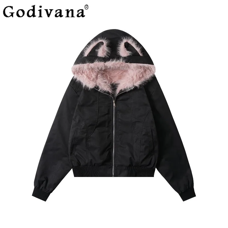

Plush Cat Ear Hooded Cotton Jacket for Women Winter Thickened Outerwear Coat Female Japanese Style Loose Sweet Jackets