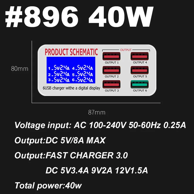 Digital LCD 6 Ports USB Smart Fast Charger Charging 30W/40W/45W QC 3.0 PD 45W PD20W Desktop Stand For Tablet PC Mobile Phone