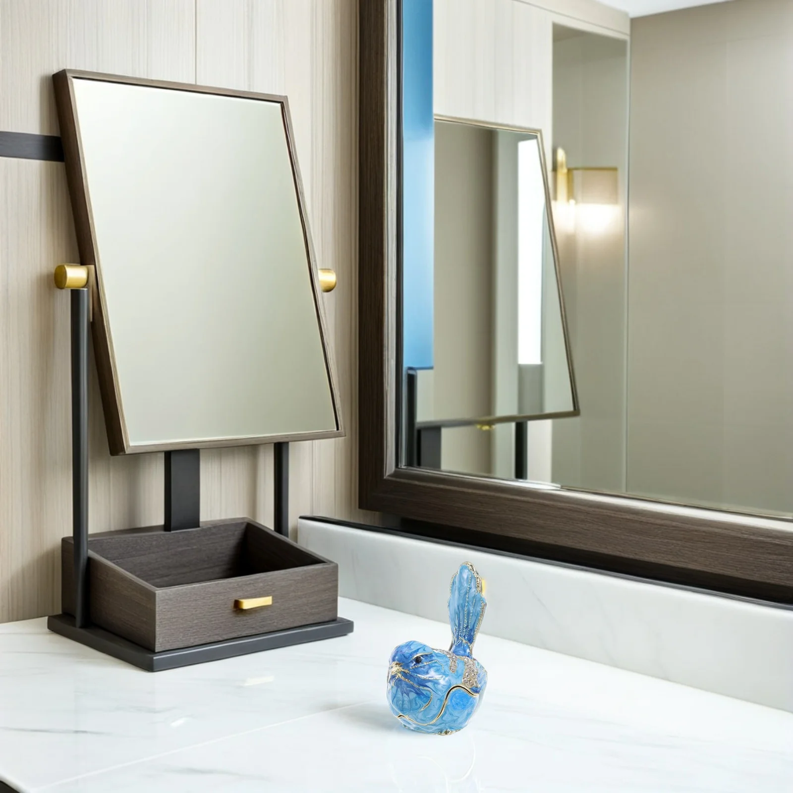 صندوق مجوهرات على شكل طائر من المينا المعدني مع لهجات من حجر الراين لتخزين حلقات الأقراط مناسبة للسفر للنساء