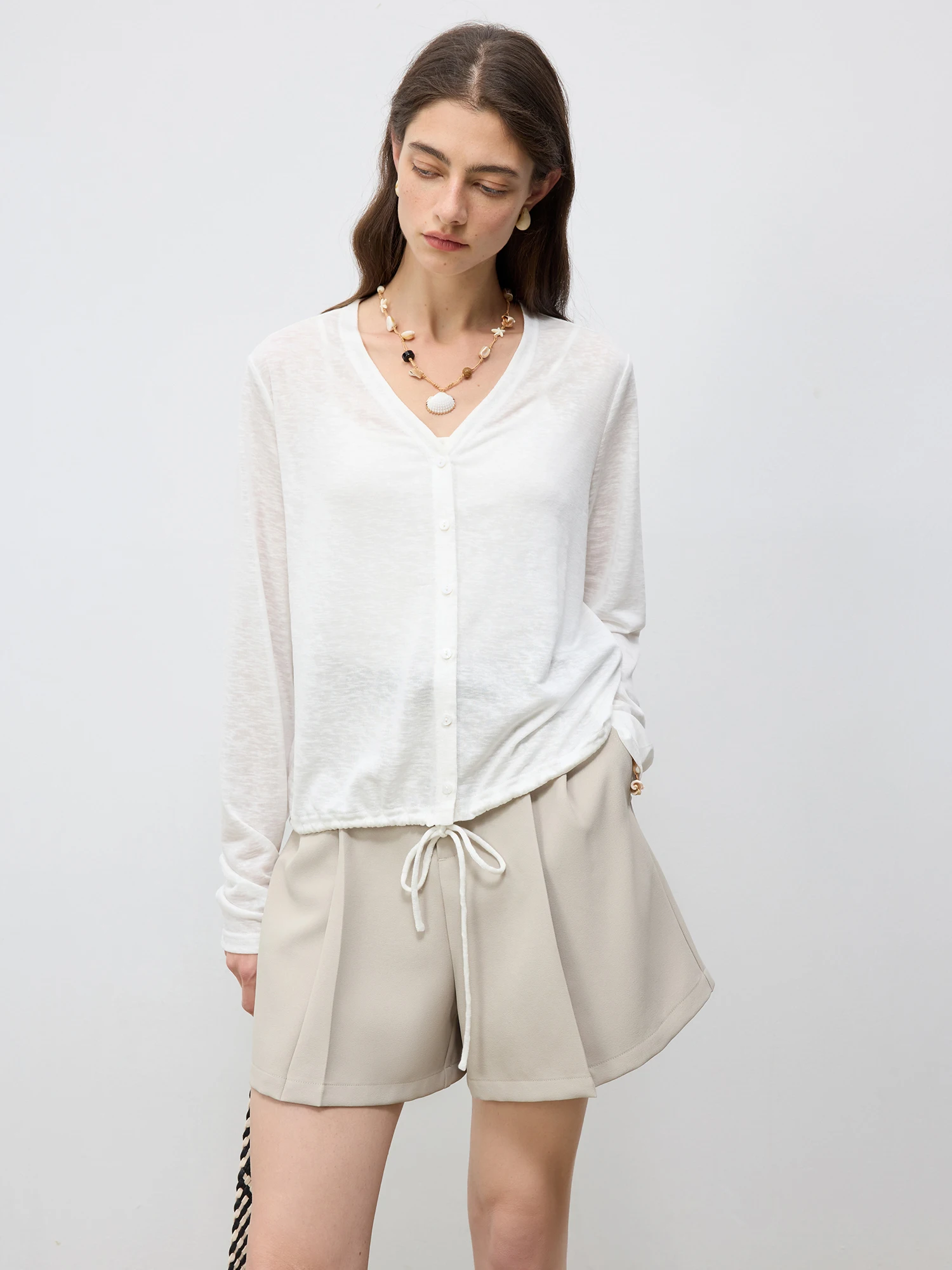 ZIQIAO Minimalism V Neck Petite Thin Knitted Cardigan for Women 2025 Summer New Arrival Physical Sunscreen Cardigan 25ZQ92187