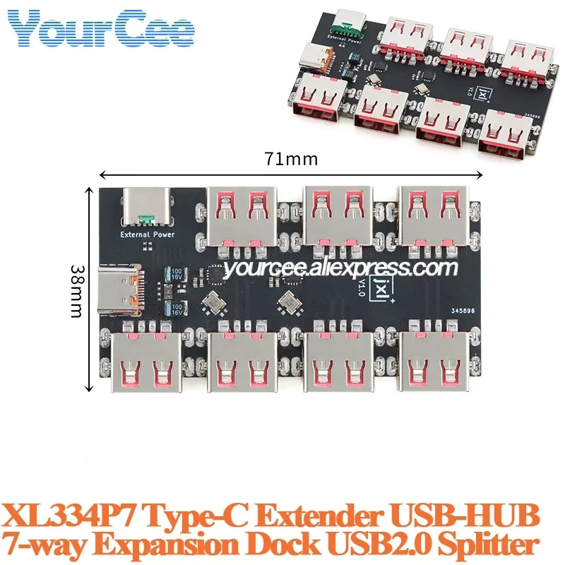 XL334P7 Type-C Expander Module USB Hub 7-Port Dock USB 2.0 Splitter Multi-Port Hub Data Transfer Rate 40 MB/s Max