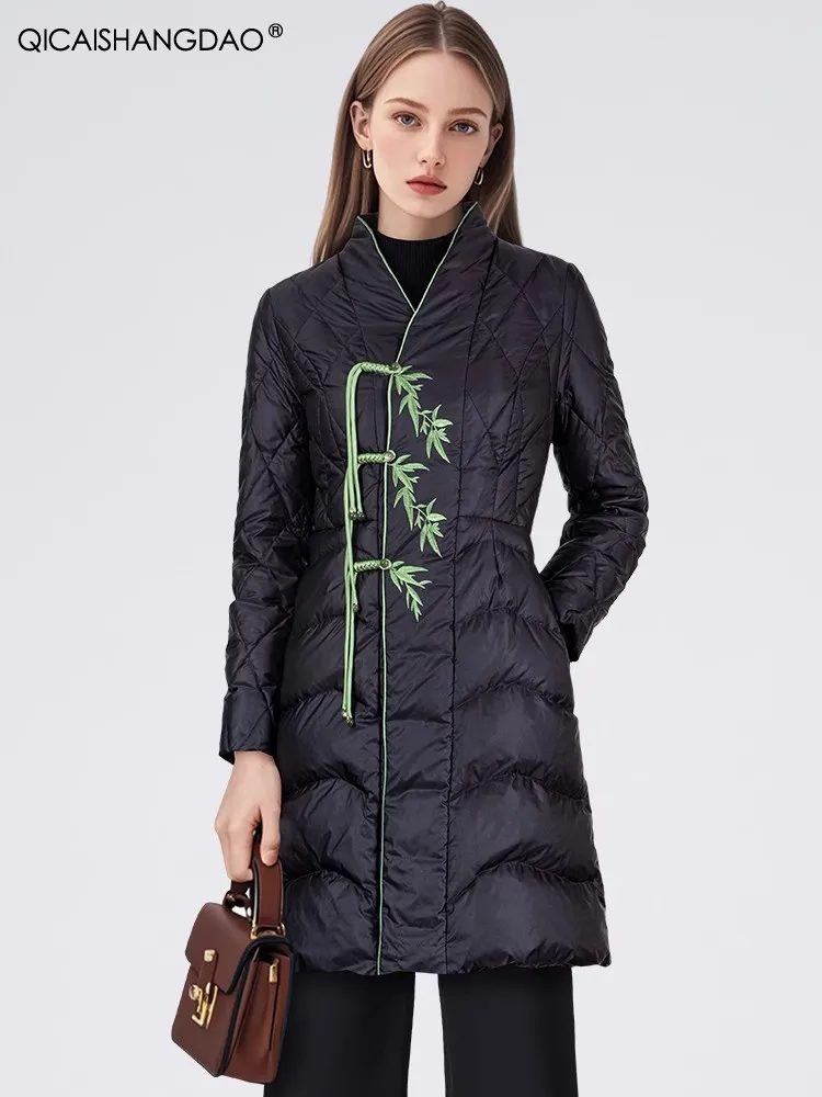 Fashion Women\' Winter Black Long Embroidered Down Jacket Warm Bodycon White Duck Down Puffer Coat Fashion Casual Winter Parkas