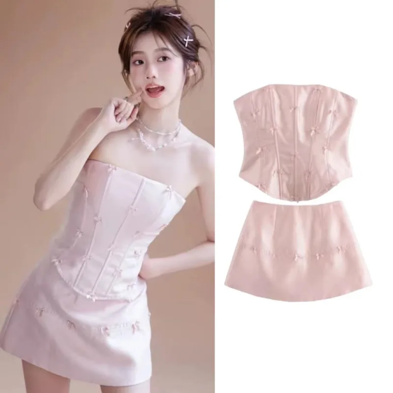 

Sleeveless Y2k Sweet Skirt Set Bow Corset Tops Mini Skirt Kawaii Girl 2 Piece Matching Set Lace-up Lolita Style Set Women Outfit