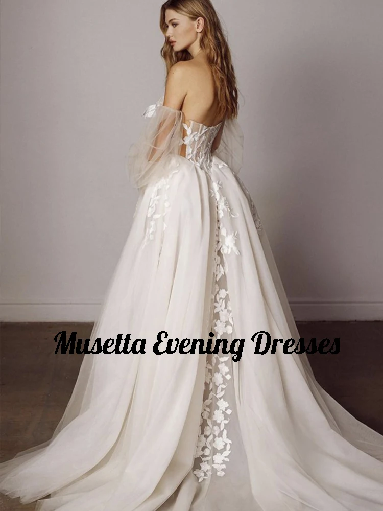 Musetta elegante Apliques De encaje vestido De Novia media manga De burbuja una línea Vestidos De Novia sin espalda Vestidos De Novia personalizados