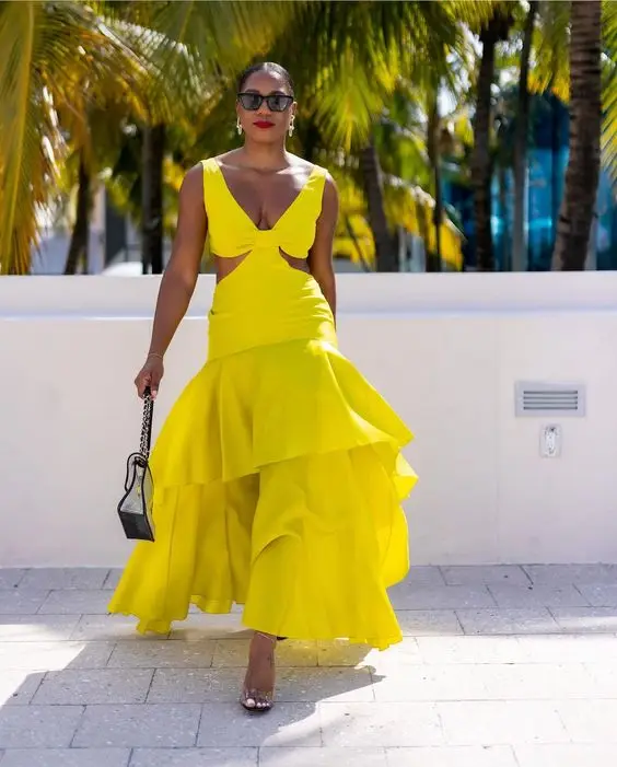 High Street Bright Yellow Long Satin Women Dresses Sexy Deep V-neck Layered Satin Maxi Gowns To Party