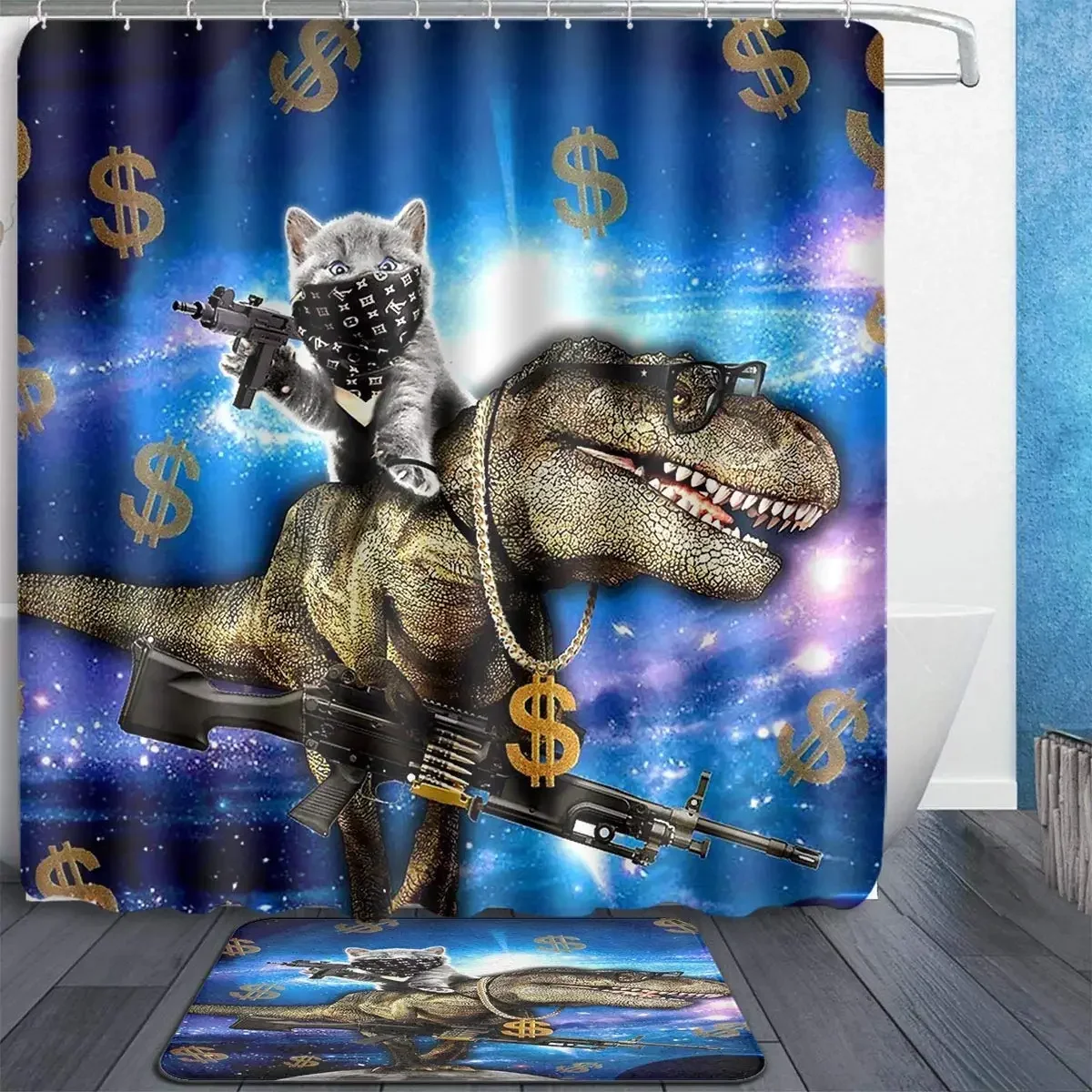 Cortina de ducha Space Cat Riding Dinosaur t-rex con pistolas dólares