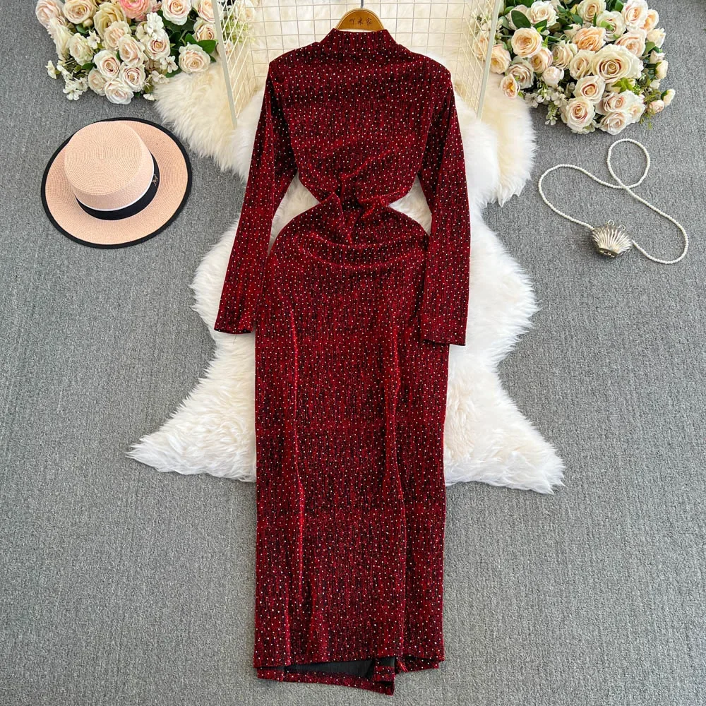 Chic Half High Collar Sexy Long Sleeve Elegant Sequin Evening Party High Street Split Women Vintage Korean Autumn Winter Dress