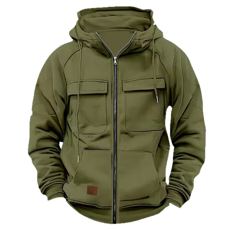 Men's Loose Casual Hooded Sweatshirt with Fleece Lining, Multi-Pocket Pullover Zipper Jacket (Spring & Autumn, American Style)