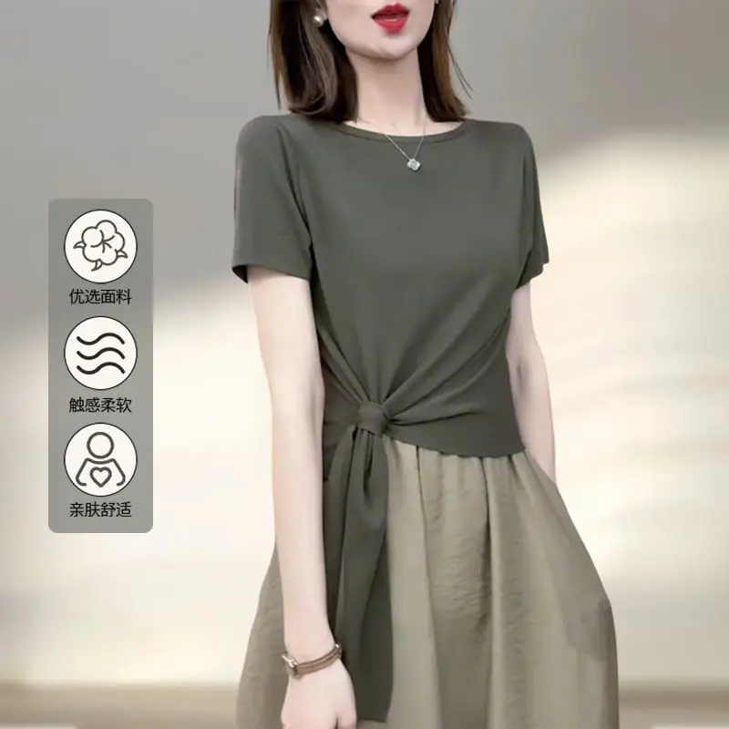 تي شيرت نسائي صيفي جديد بأشرطة عصرية لتقليل العمر من القطن الخالص بأكمام قصيرة