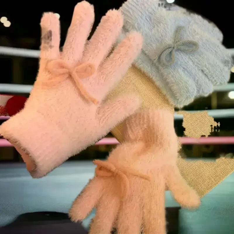 قفازات شتوية عصرية للنساء - لطيفة، قطيفة، مزينة بفيونكة وحافظة للحرارة، هدايا عيد الميلاد الرائعة للطلاب #4