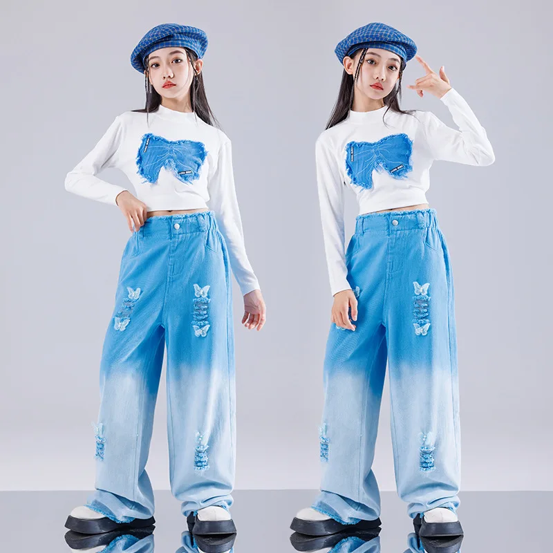 Kid Hip Hop Clothing White Butterfly Crop T Shirt Top Blue Gradient Distressed Jeans Pants for Girl Jazz Dance Costumes Clothes