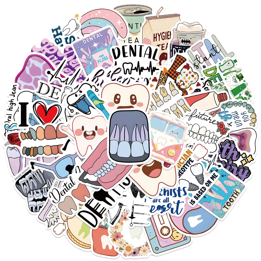 50pcs Funny Cute Cartoon Tooth Dentist Stickers Dental Assistant Water Bottle Sticker Luggage Laptop Phone Vinyl Decals