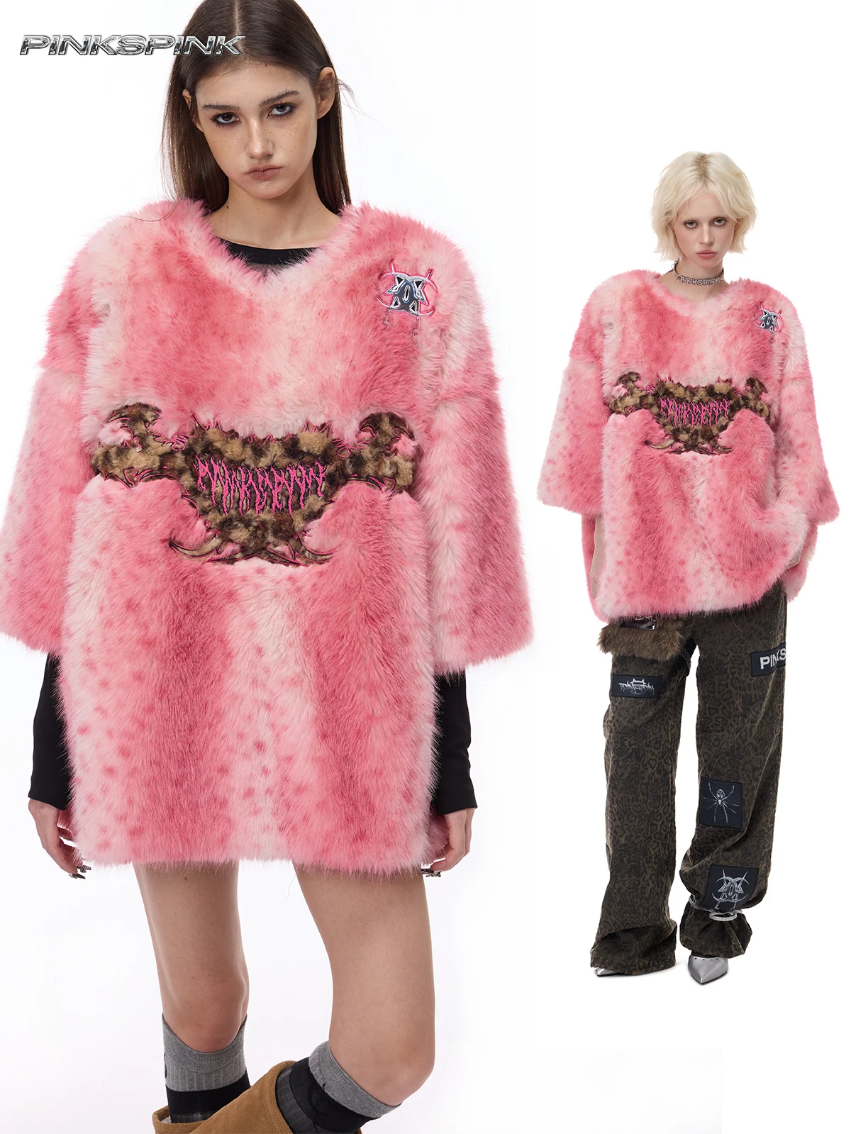 

Розовая свободная юбка-шар с вышивкой в виде леопардового сердца и лунных шипов, в стиле Y2K, из полиэстера, для молодежи