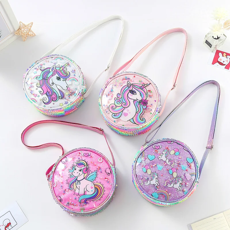 New Glite Rainbow Glitter Powder Waist Bag Sequined Unicorn Messenger Bag Children\'s Girls Fashion Student Cartoon Shoulder Bag