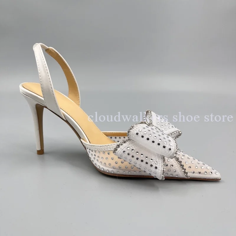 

Sweet Sexy Lace Mesh Point Toe Sandal Double Layer Three Dimensional Rhinestone Bow Slingback Sandal Elegant Wedding Dress Shoes