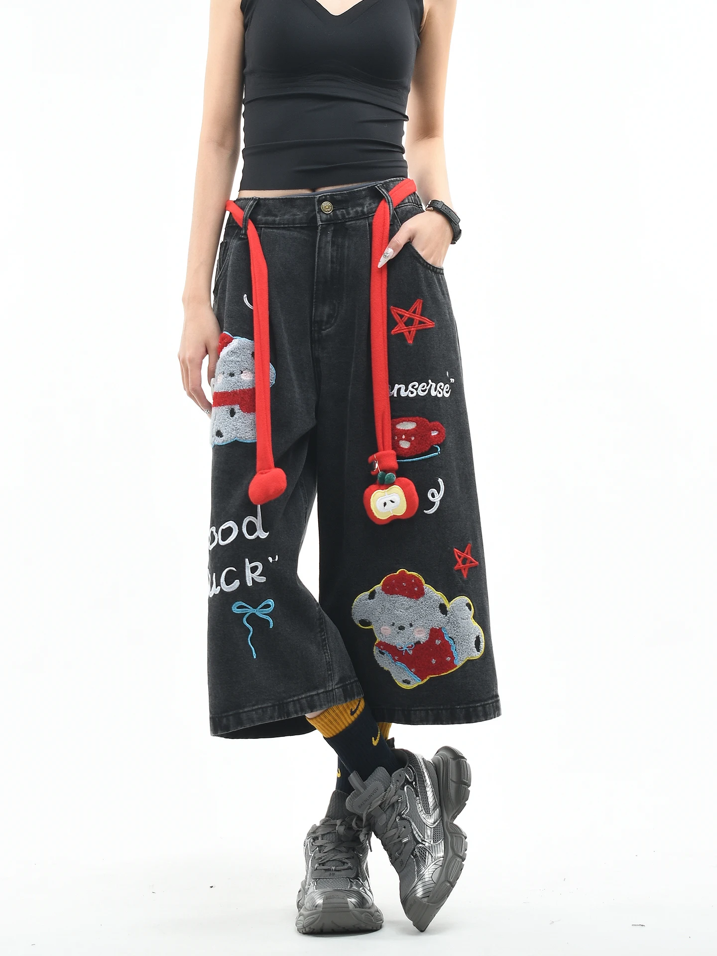 

OV Original American Cartoon Embroidered Towel Loose Fit Men's Jeans Seven-Foot Washed out Vintage Shorts Casual Cotton Denim