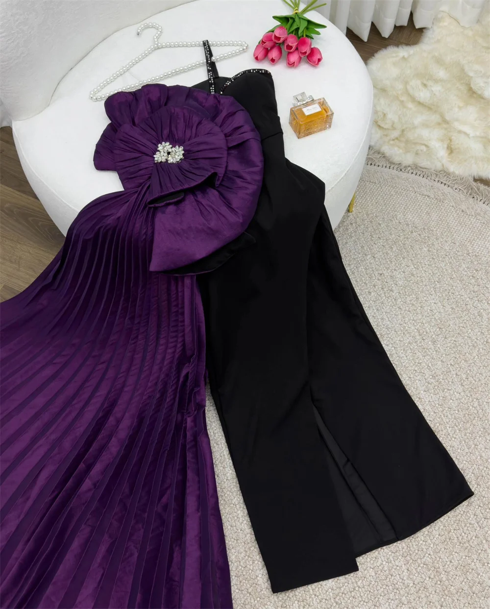 Customized Exquisite Sweetheart Spaghetti Strap Mermaid Sweep/Brush Evening Dresses Flower Rhinestone Chiffon Formal Occasion Go