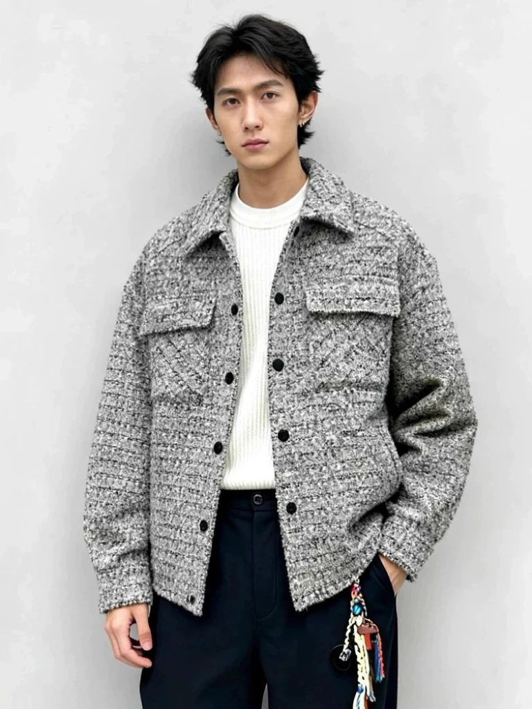 

Men's Woolen Tweed Quilted Jacket Winter Warm Stand Collar Fashionable City Casual Style Thickened White Duck down Filling