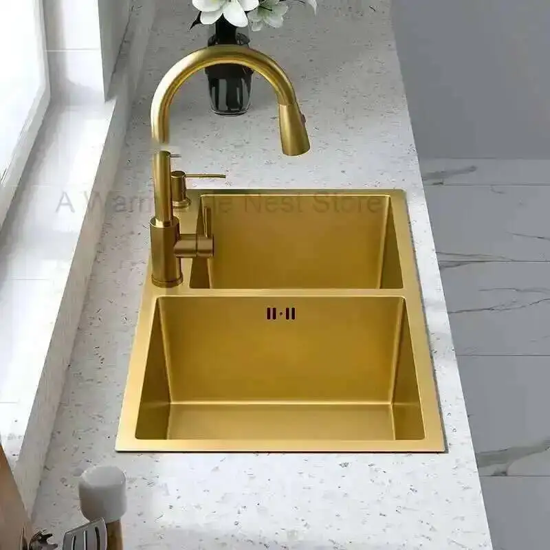 

Light Luxury Kitchen Sinks Stainless Steel Home Kitchen Sink Creative Large Gold Nano Sink Handmade Double Kitchen Accessories