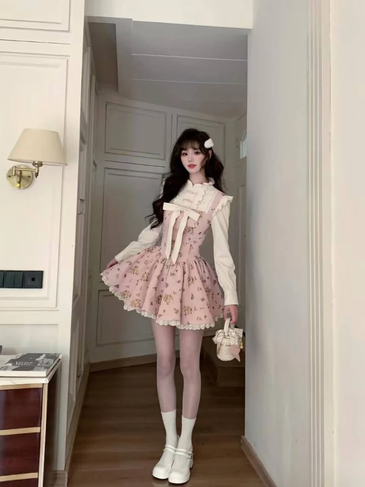 ฤดูร้อนดอกไม้หวาน Y2k ชุดมินิผู้หญิงโบว์เกาหลีแฟชั่นเจ้าหญิง Slim Dresses ความงามพิมพ์ชุดลําลอง Chic