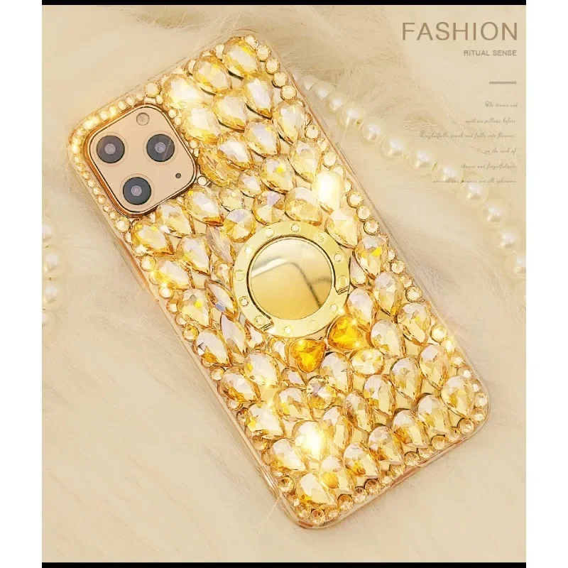 Gold Crystal Strap Phone Case with Diamond and Rhinestone, Bling Case for Xiaomi Redmi 13C 12C 13R Note 11 13 12 Pro Plus