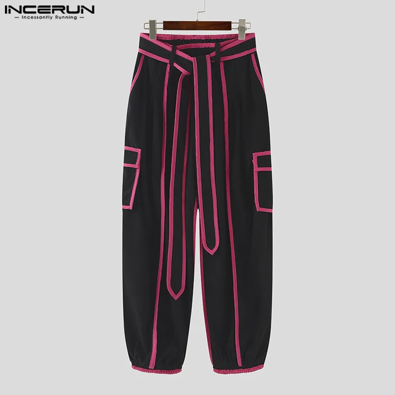 

INCERUN Men Pants Patchwork Elastic Waist Joggers Casual Trousers Men With Belt Streetwear Loose Fashion Male Long Pants S-5XL